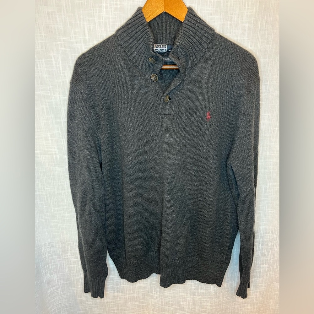 Polo Ralph Lauren Gray Cotton 1/4 button pullover sweater preppy academia L